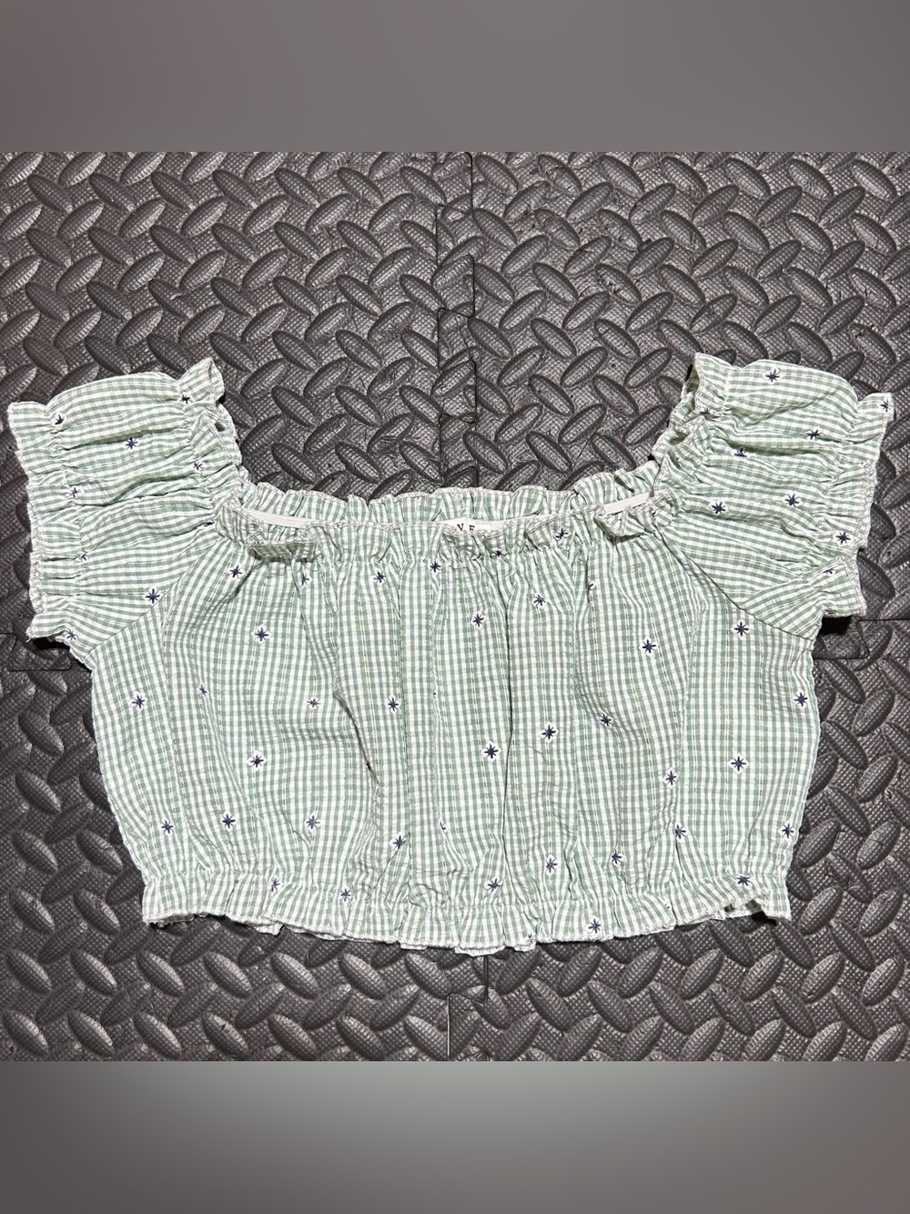 HYFVE Crop Top Blouse Puff Sleeve Gingham Peasant Crinkle Green Womens Small